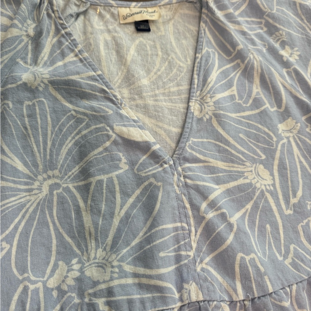 Flirty Floral Blue and White Linen-Blend Mini Dress with Ruffles - Picture 9 of 10